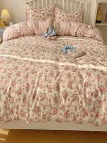 3件套田园风花卉印花双人被套，大号 - 柔软双人泡泡纱床品套装，适合成人，返校季，拉链封口，3件套，包含1个被套（90英寸 x 90英寸）和2个枕套，不含被芯 - 香檳色 - 查看 6