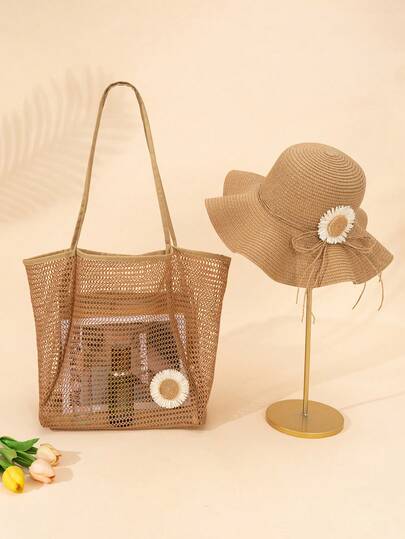 Bộ mũ rơm rộng vành phong cách Boho Choice và túi lưới trang trí hoa cúc, thích hợp cho mùa hè, đi biển, nghỉ dưỡng, du thuyền, bên hồ bơi, dã ngoại, tiệc vườn, hoạt động ngoài trời, phụ kiện thường ngày dành cho nữ.
