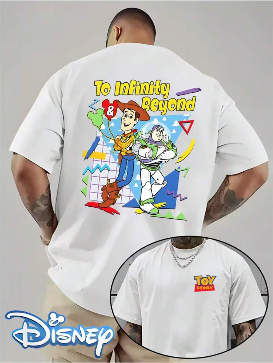 Disney Authorized By ,  Woody And Buzz  Retro Video Game Style Pattern Printing, Men's Short-Sleeved T-Shirts, Round Neck Design, Machine Washable, Comfortable And Casual Wear, Men's T-Shirts Are Perfect For Daily Travel During The Holiday Season. - 白色 - 查看 1