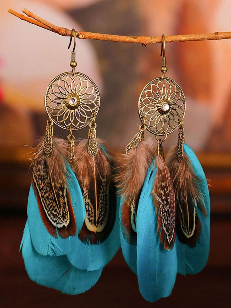 Bohemian Retro Sunflower Earrings, Minimalist Feather Earrings, Suitable For Travel, Vacation And Photo Shooting - Dreamcatcher - View 1