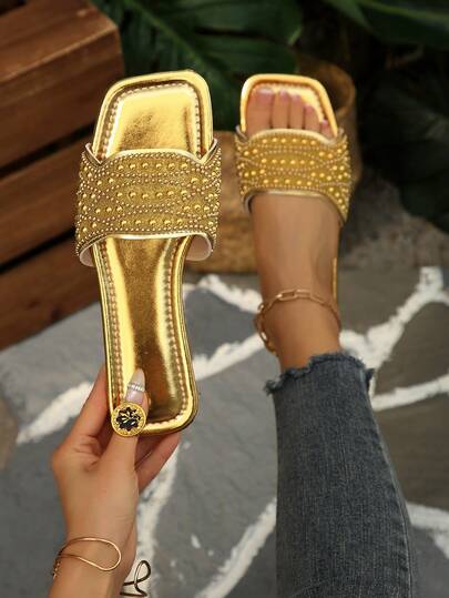 Dép lê đế bằng mũi vuông đính pha lê kiểu Pháp mới năm 2026, kiểu dáng thanh lịch, phù hợp với váy, thích hợp cho mùa xuân/hè/thu.