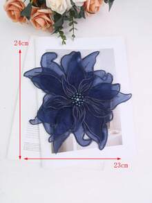 New Handmade 3D Embroidered 4-Layer Lace With Rhinestones And Beads, Width: 23cm, Bridal Gown DIY Embroidery Accessory - Navy - View 4