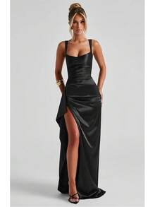 Women's 2026 Satin Silk Spaghetti Straps Slit Bridesmaid Dress, Formal Evening Prom Dress - 黃色 - 查看 7