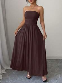 Women Summer Strapless Dress Sleeveless Tube Dress Ruched Flowy Side Pocket Bandeau Maxi Dress Casual Spring Vacation Holiday Beach Cocktail Wedding Guest Midi Dresses Outfits - 棕色 - 查看 4