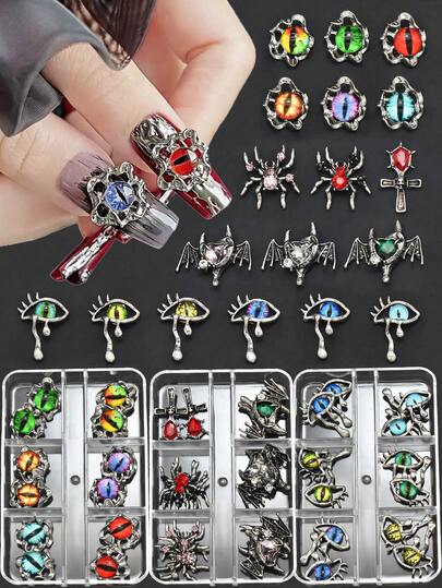 一盒12个邪眼美甲饰品，哥特暗黑风格，包括邪眼、蜘蛛、蝙蝠等图案，Y2K美甲配件，个性化美甲贴纸，DIY美甲宝石，美甲用品