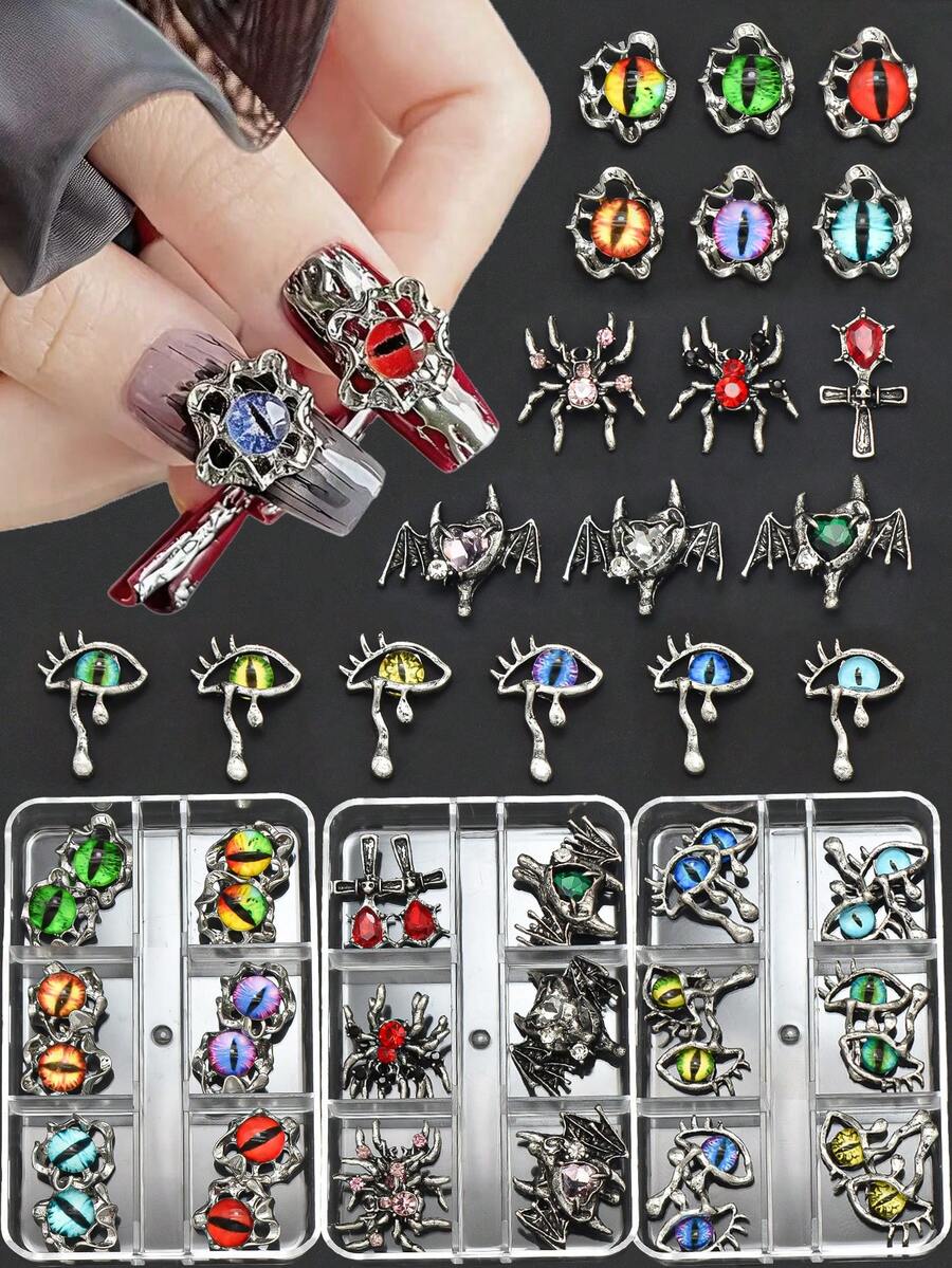 一盒12个邪眼美甲饰品，哥特暗黑风格，包括邪眼、蜘蛛、蝙蝠等图案，Y2K美甲配件，个性化美甲贴纸，DIY美甲宝石，美甲用品 - 彩色 - 查看 1