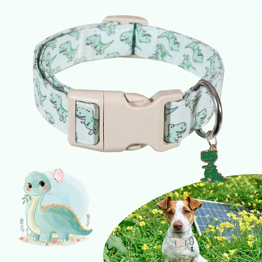 Collar ajustable para perros con estampado de dinosaurio de dibujos animados, de material de poliéster duradero, adecuado para perros pequeños, medianos y grandes - color mezclado - Ver 1