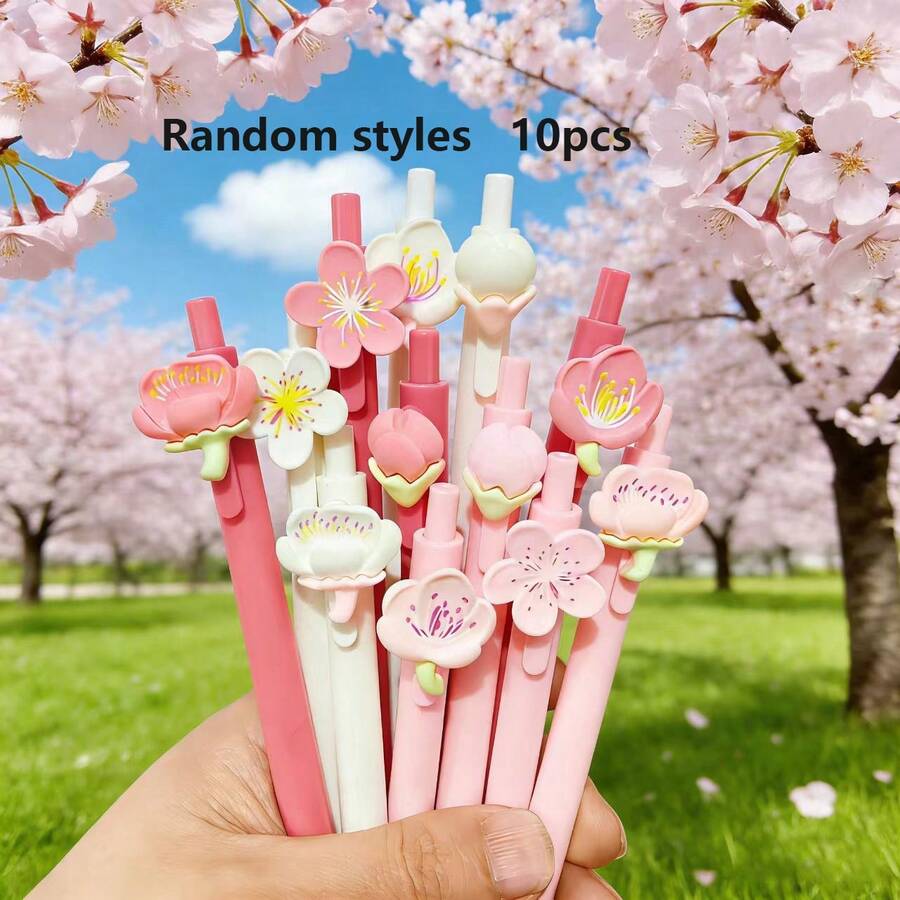 10pcs Random Floral Push-Button Pens, Cute Stationery Gift - A - View 1