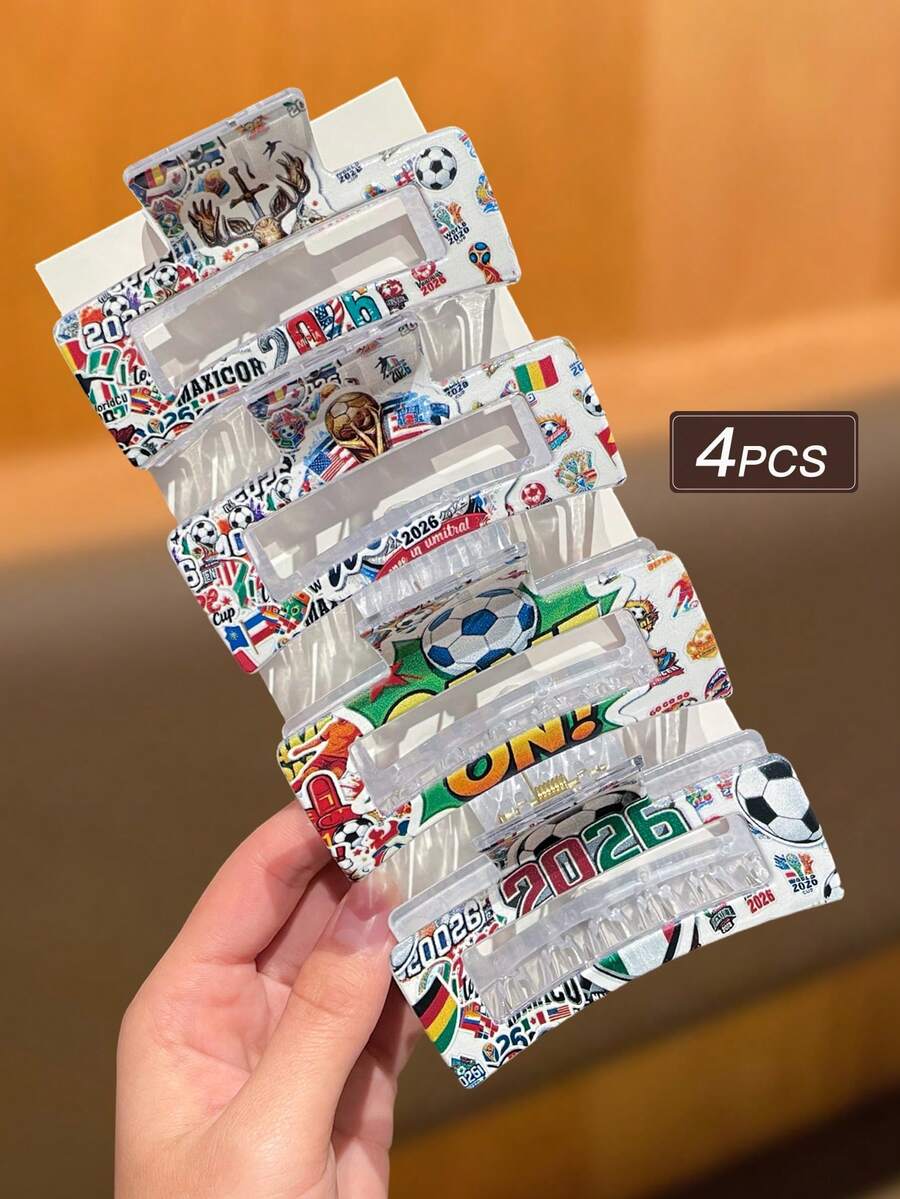 4个/套 女式世界杯发夹，时尚可爱，足球奖杯图案，吸睛运动风，方形设计，适合日常及度假佩戴，世界杯主题发饰，女士发饰，女士配饰，夏季沙滩抓夹度假发夹，送给女士的礼物