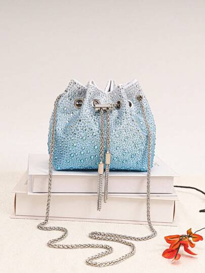 Elegant Ombre Rhinestone Bucket Bag, A Birthday Gift For Ladies, Glitter Bag/Glitter Bag With Highly Attractive, Shiny Banquet Bag, Fashion High-End Crystal Bag With Tassel Chain Shoulder Handbag, Party Bag, Interesting Valentine's Day Gift