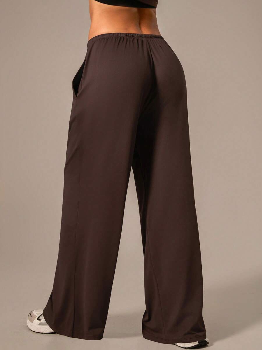 NcmRyu 1pc Women Solid Color Drawstring Elastic Waist Wide Leg Relaxed Fit Pockets Sports Pants - Coffee Brown - View 1