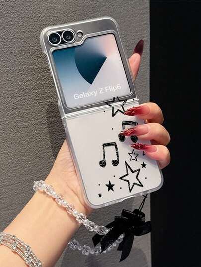 1PC Fashion Matte PC Material Simple And Cute Note Star Element Folding Phone Case, Paired With Same Color Bracelet, Can Protect And Prevent Falling For: SamsungGalaxy Zflip 3/Zflip 4/Zflip 5/Zflip 6/Zflip 7/ Find N3 Flip/ Razr 50 Ultra/ Razr 60 Ultra/ Rolalazar 60/ Razr 50/XiaomiMIX Flip/Galaxy Z Flip7 FE