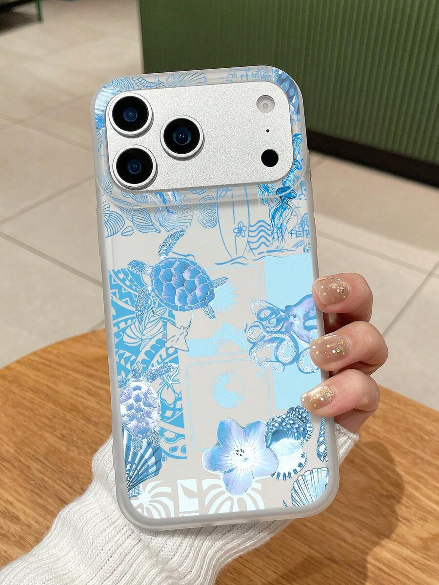 可爱海龟、水母、贝壳和芙蓉花手机壳，蓝色夏威夷花卉图案防震保护套，夏日海滩风，哑光半透明光滑表面，防指纹防油污，保留手机原色，简约优雅，适合作为夏季/生日/节日礼物，日常搭配手机配件，兼容 17 Pro Max - 白色 - 查看 1