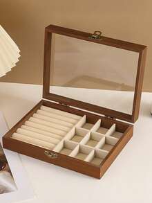 1个大型木质首饰盒，带透明盖，带锁首饰展示盒，天鹅绒内衬首饰收纳托盘，适用于戒指、耳环、项链、新娘婚礼配饰、女士礼物 - 米色 - 查看 9