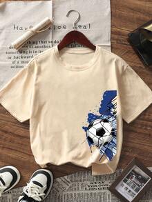 [World Cup] Tween Boy Football Print Short Sleeve T-Shirt, Student Youth Casual Wear, Summer Top For Boys Preparing To Play - Apricot - View 3