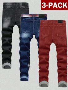 3-Pack Men's Retro Street Style Distressed Ripped Straight Leg Slim Fit Stretch Jeans - 彩色 - 查看 2
