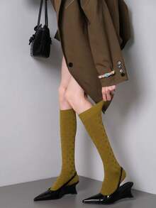 1 Pair Retro Diamond Pattern Over-The-Knee Socks, Mustard Green Tall Knit Socks, Suitable For High Heels And Suits, Collegiate Style - Ginger - View 5