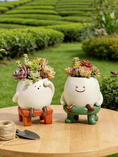 1pc Cute Cartoon Character Resin Succulent Planter, Whimsical Sitting Pose Flower Pot With Drainage Hole, Suitable For Indoor Plants Like Succulents, Cacti And Mini Herbs, Ideal For Desk, Windowsill, Bookshelf Decor, Lightweight And Durable, Perfect Gift For Plant Lovers