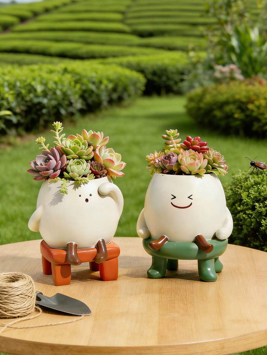 1个可爱卡通人物树脂多肉植物花盆，造型奇趣，坐姿设计，底部有排水孔，适合种植多肉植物、仙人掌、迷你香草等室内植物，是桌面、窗台、书架装饰的理想之选，轻巧耐用，是送给植物爱好者的完美礼物。 - B - 查看 1