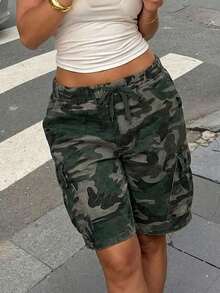 Women's Drawstring Elastic Waist Multi-Pocket Loose Straight Leg Cargo Denim Shorts - Army Green 4 - View 5