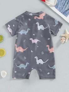 婴儿/男童连体泳衣，可爱恐龙印花泳装，适合海滩、泳池、度假 - 深灰色 - 查看 4