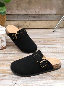 Women's Platform Slip-On Mules, Retro Thick-Sole Adjustable Buckle Round Toe Casual Loafers - Black - View 8