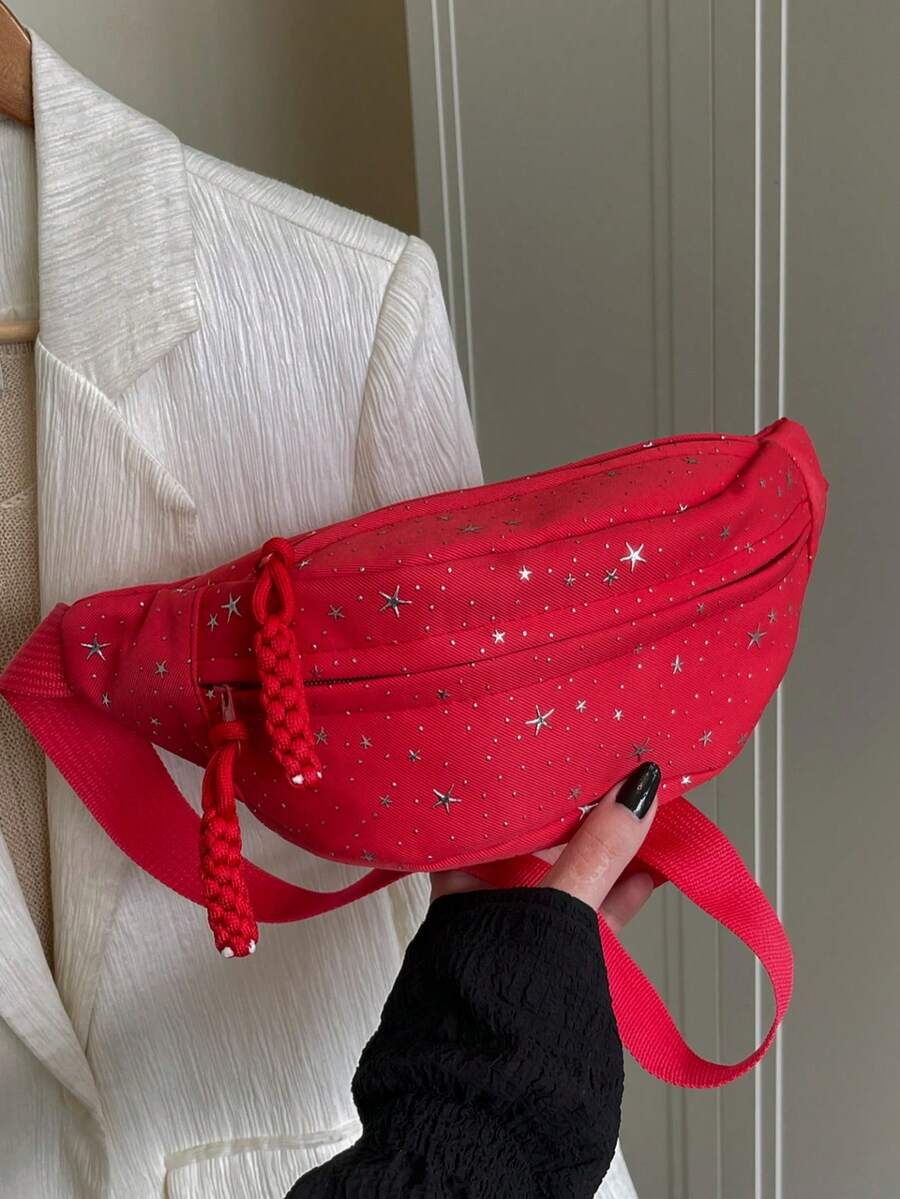 Nueva bolsa de cintura de nailon de unicolor, bolsa de pecho cruzada, bolso de mano con forma de dumpling de PU de moda para mujeres - Rojo - Ver 1