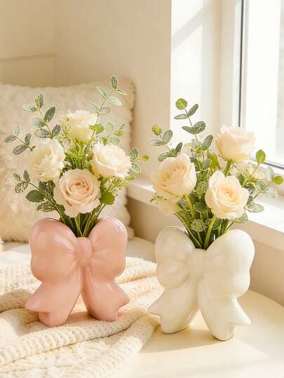 Kawaii Bow Knot Resin Flower Vase - Decorative Vase For Aesthetic Room Decor, Bedroom Nightstand, Window Sill, And Entryway Table - Perfect For Fresh Or Faux Flowers, Greenery, And Dried Botanicals - Pink And White Design To Add A Sweet, Feminine Touch To Your Home, Office, Or Apartment Decor