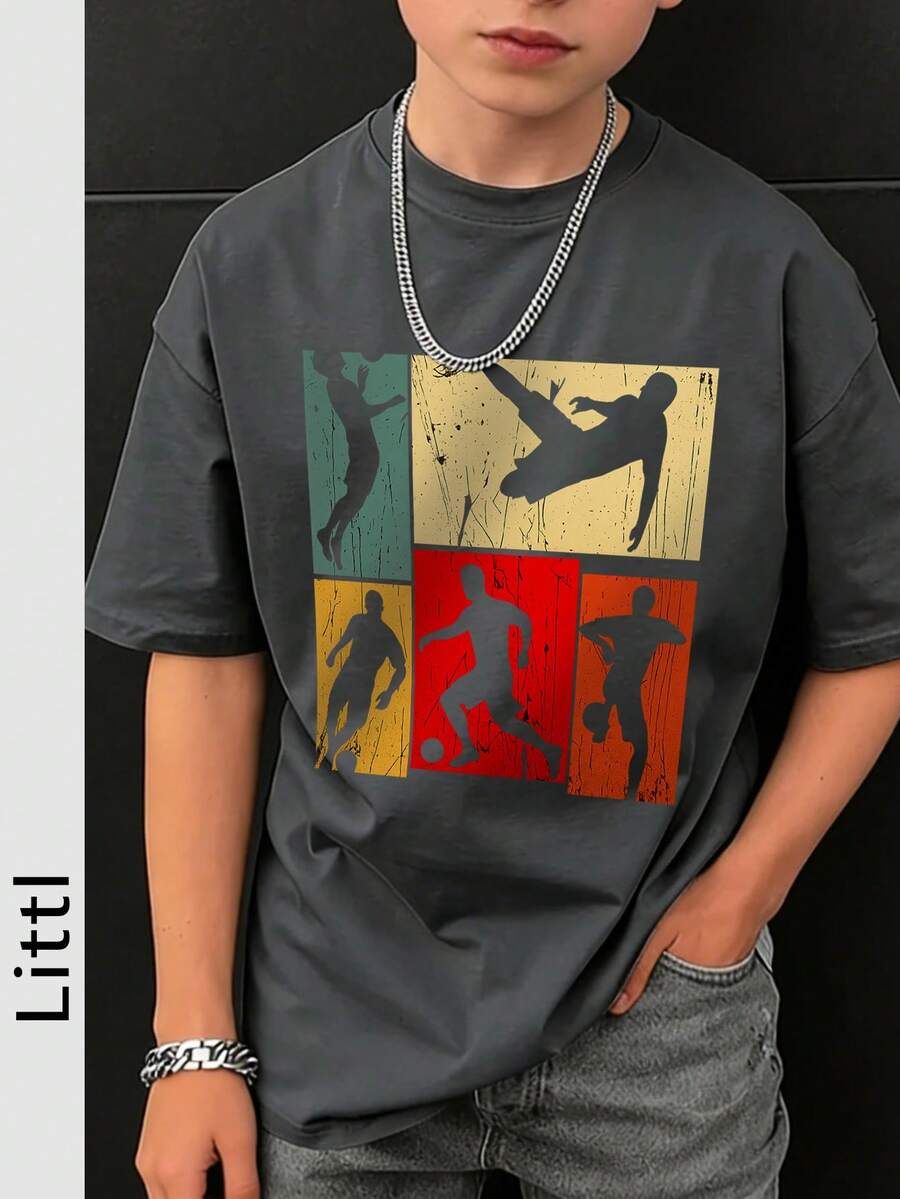 Tween Boys Casual Printed Crew Neck Short Sleeve T-Shirt, Summer Top - Dark Grey - View 1