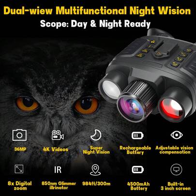 Suier Night Vision Device, 4k High-Definition Infrared Adult Night Vision Equipment, 8X Digital Zoom, 7X Infrared Brightness Adjustment, Full Black Line Of Sight Of 300 Meters, Large Battery Capacity Of 4500mAh, 32Gb Tf Card