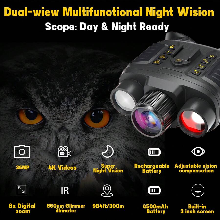 Suier Night Vision Device, 4k High-Definition Infrared Adult Night Vision Equipment, 8X Digital Zoom, 7X Infrared Brightness Adjustment, Full Black Line Of Sight Of 300 Meters, Large Battery Capacity Of 4500mAh, 32Gb Tf Card