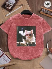 Áo thun nữ mùa hè bằng vải cotton đã qua xử lý, in hình mèo con, kiểu dáng giản dị, rộng rãi, cổ tròn, tay ngắn. - Đỏ - Xem 5