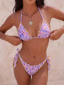 女士可爱花卉蕾丝荷叶边比基尼两件套，适合夏季海岛度假游泳休闲沙滩 - 彩色 - 查看 1