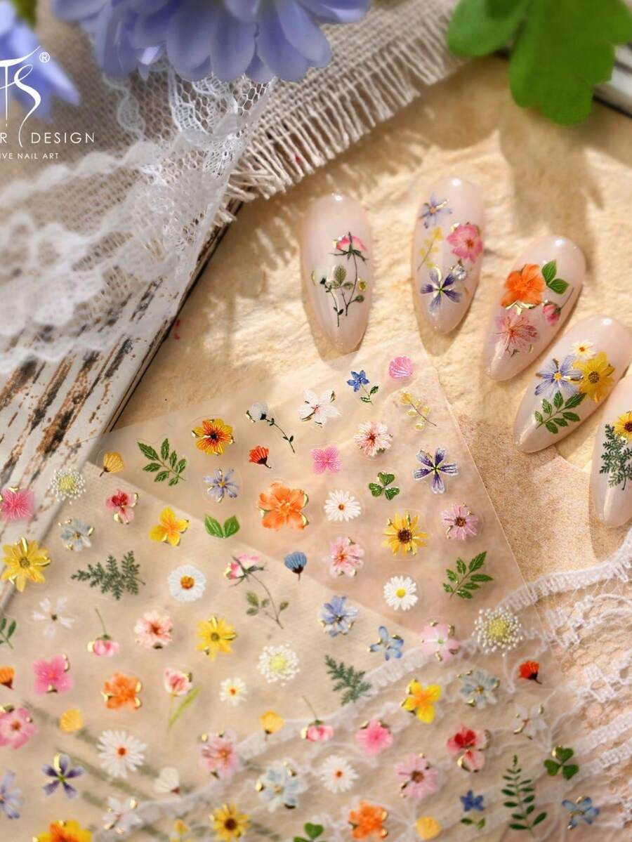 1pc 5D Vibrant Multicolor Wild Flower Blooming Nail Art Stickers, Daisy Leaf Nail Decals DIY Nail Decoration - Multicolor - View 1