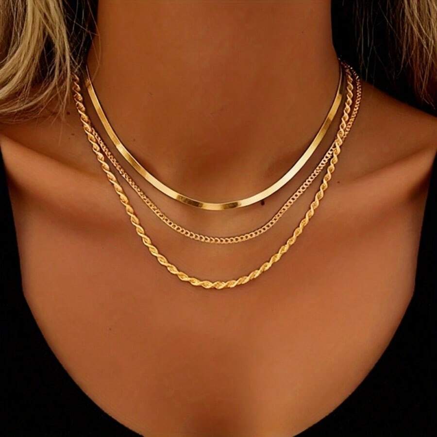 3pcs Set Vintage Metal Choker Necklace, 304 Stainless Steel, 18K Gold Plated, Hypoallergenic, Minimalist European And American Style, Elegant Necklace For Commuting, Dating, Party, Layering, Refine Neckline, Fashion Jewelry