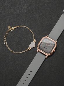 4pcs/Set Women's Silicone Square Watch With Numeric Dial, Classic Quartz Wristwatch + Heart-Shaped Bracelet (Watch Box Not Included) - Multicolor - View 9