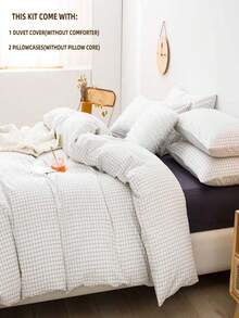 卡其色格子床罩，大号 - 超柔软被套系列 - 轻盈透气，适合女孩 - 柔软透气床品（大号，白色，黑色） - 白色 - 查看 6