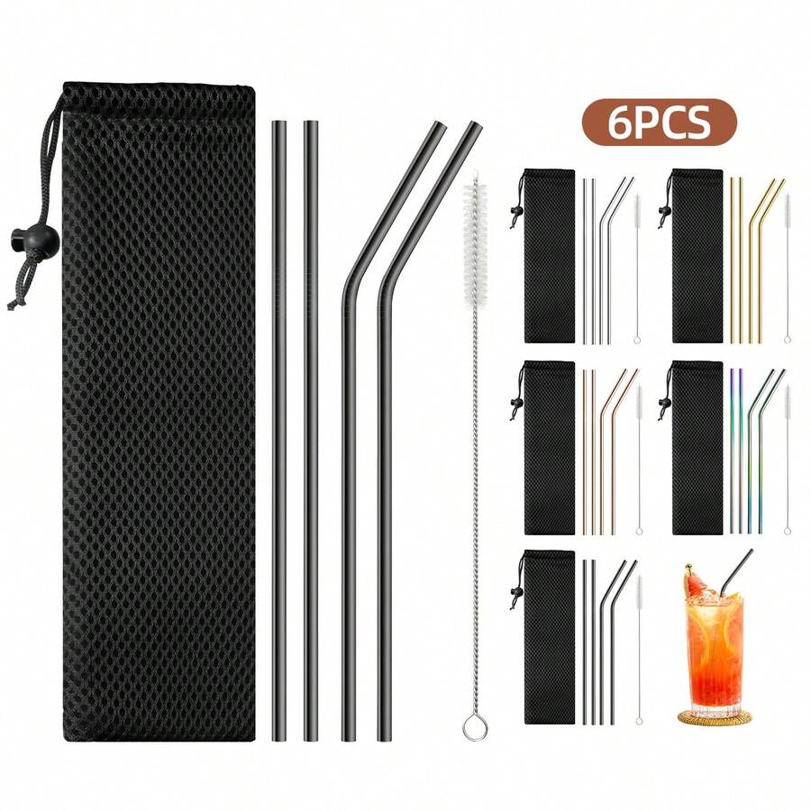 6er Edelstahl Strohhalm Set, enthält 4 Metallstrohhalme, 1 Reinigungsbürste und 1 Aufbewahrungstasche, Kombination aus geraden und gebogenen Strohhalmen, geeignet für Kaffee, Milchtee und andere Getränke, perfekt für Outdoor-Nutzung/Camping/Picknick/Hochzeit/Geburtstagsfeier/Muttertag - Übersicht 1