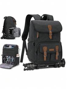 15.6 Inch Laptop Camera Backpack, Suitable For DSLR Cameras, Anti-Theft, Tripod Holder, Rainproof Cover, Black/Khaki - Multicolor - View 11