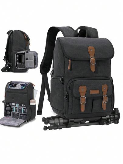 حقيبة ظهر للكاميرا مناسبة لكاميرات DSLR/SLR، يمكنها استيعاب كمبيوتر محمول 15.6 بوصة، حقيبة كاميرا مضادة للسرقة للمصورين، سهلة الحمل للحامل ثلاثي القوائم، تأتي مع غطاء مطر للمقاومة المائية، باللون الأسود/الخاكي