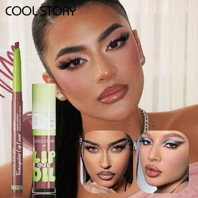 (Lip Liner + Lip Gloss) European And American Autumn/Winter Lip Makeup Cosmetics Set, Autumn/Winter Essential, Suitable For Lip Makeup Enthusiasts, Perfect For Daily And Special Occasions