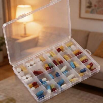 Transparante opbergdoos met 24 vakjes, geschikt voor het bewaren van dagelijkse medicijnen, kleine sieraden, reismedicijndoos, medicijnverpakking, grote medicijndoos, draagbare medicijnverpakking, luchtdichte medicijnverpakking, kan gebruikt worden voor het bewaren van medicijnen, fitnesssupplementen, vitaminen, enz., geschikt voor op reis en voor het opbergen van fitnessmedicijnen.