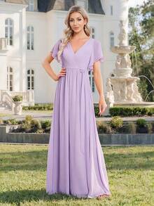 Bridesmaid Long Dress, Short Ruffle Sleeves, Deep V-Neck, Chiffon Fabric, Pleated Design, Tie-Up Style Wedding Spring - Mauve Purple - View 8