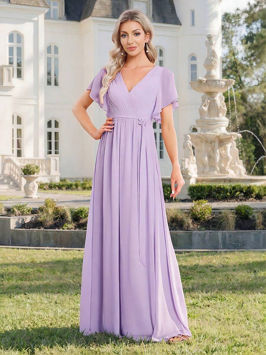 Bridesmaid Long Dress, Short Ruffle Sleeves, Deep V-Neck, Chiffon Fabric, Pleated Design, Tie-Up Style Wedding Spring