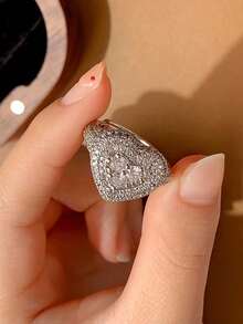 奢华心形合成锆石几何可调节戒指，女士珠宝礼品 - 白色 - 查看 6