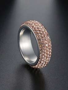 1 chiếc nhẫn thép không gỉ, trang sức cặp đôi đính đá Rhinestone lồi 5 hàng thời trang, nhẫn hốc tối giản hình vòm - Hồng - Xem 4