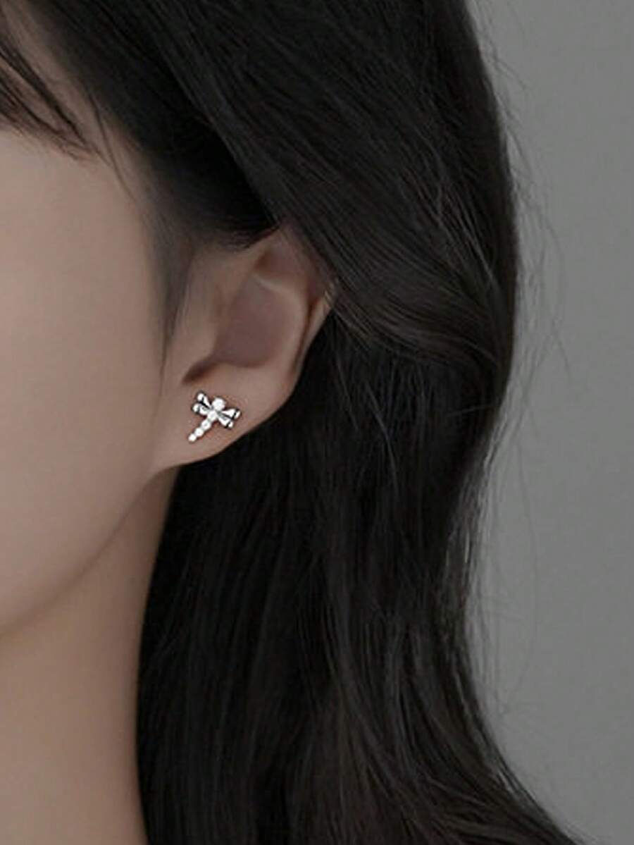 1 Pair S925 Sterling Silver Unique Creative Dragonfly Design Minimalist Earrings, Suitable For Women's Daily Wear - Silver - View 1
