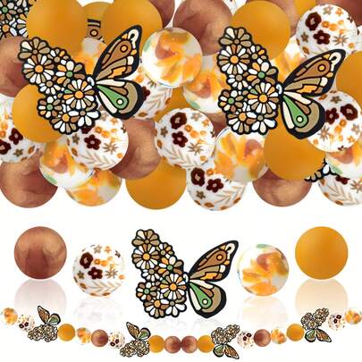 25颗硅胶珠，波西米亚蝴蝶元素，散珠，枫叶图案，圆形珠子套装，适用于DIY珠宝装饰，耳环、项链、包包链、串珠笔链、手机链、化妆刷等。