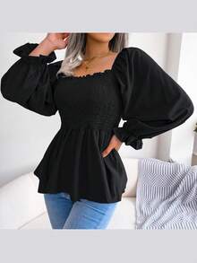 Long-Sleeved Chiffon Blouse With Ruffles And Square Neckline | Casual Style, New Spring/Summer Collection - 黑色 - 查看 2
