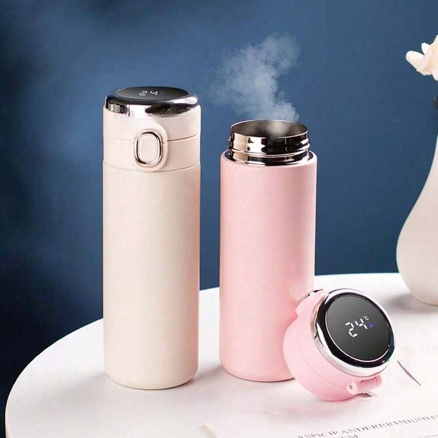 1pc 420ML/14.2oz Touch Temperature Display Insulated Tumbler, Large Capacity Bounce Lid Stainless Steel Vacuum Flask, Smart Pea Cup Temperature Sensing Water Bottle, Luxurious For Cycling, Backpacking, Office, Car, School, Party, Camping